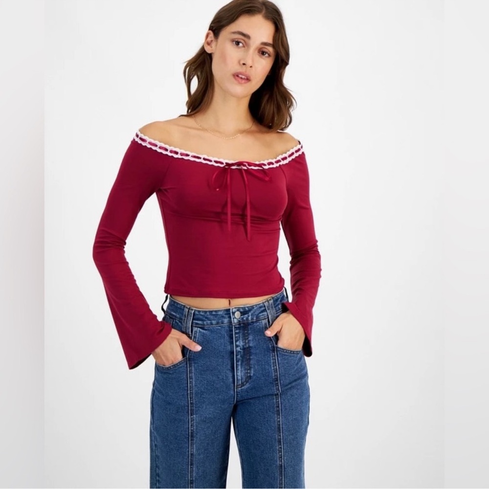 Just Polly Lace Trim Off Shoulder Bell
Sleeve Top Burgundy L NWT